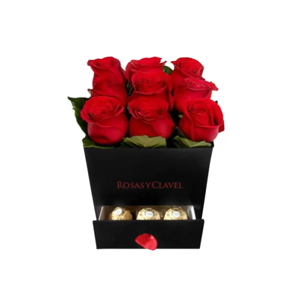 Caja de rosas rojas con cajoncito y chocolates