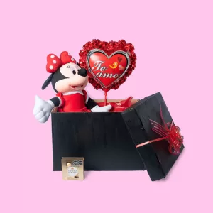 Peluche Minnie en caja con sorpresa y bombones ferrero rocher., Envíos florales en Lima.